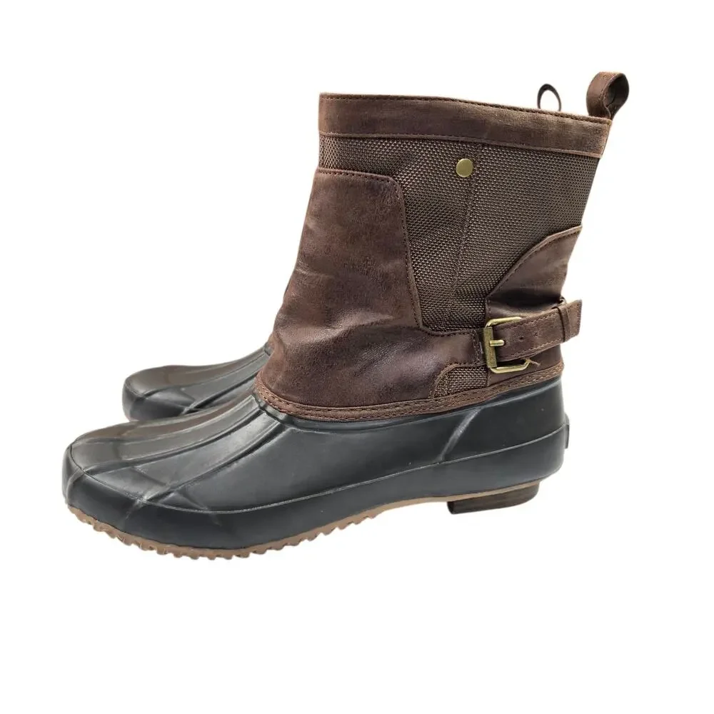 Lucky Brand Weendie Rain Boots Size 8 Faux Leather Rubber Brown Buckle Duck